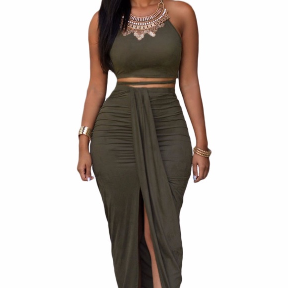 Olive Faux Suede Two Piece Maxi Skirt Set - Picture 3 of 6