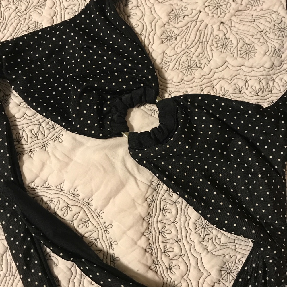 Black + white polka dot halter swim top size S