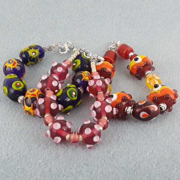 Jewelry - (3) Boho style art glass beaded bracelets