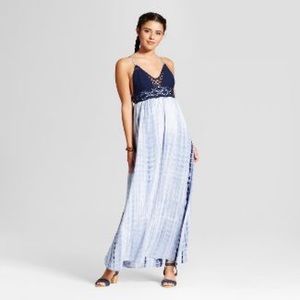 Black and gray tie dyed maxi with crocheted top