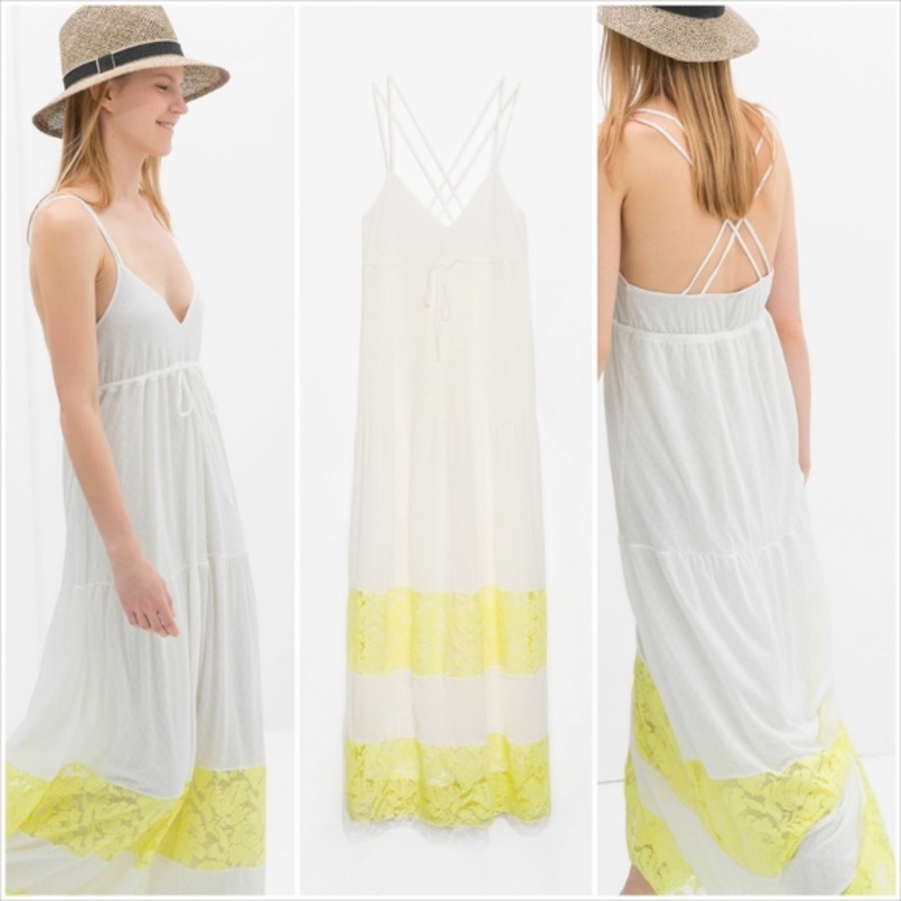 NWT Zara White with yellow lace detail maxi dress