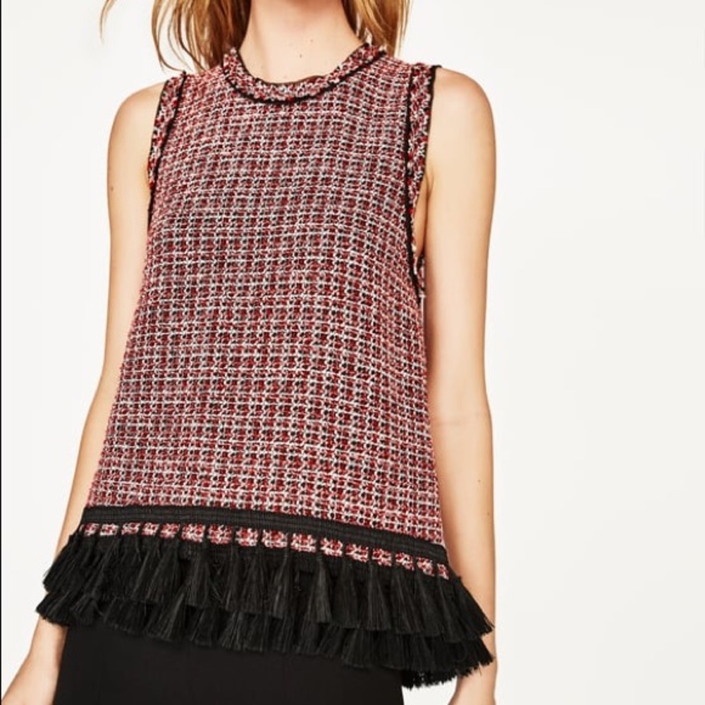 Zara tweed top. Fringed hem detail.