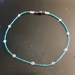 Blue and clear beaded choker necklace