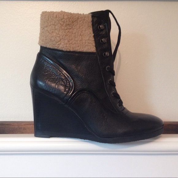 Franco Sarto Waverly Black Leather Wedge Boots - Picture 1 of 4