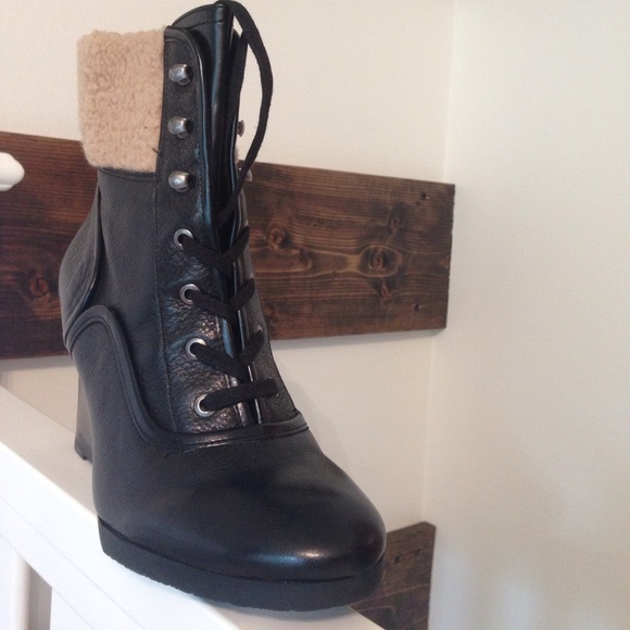 Franco Sarto Waverly Black Leather Wedge Boots - Picture 2 of 4