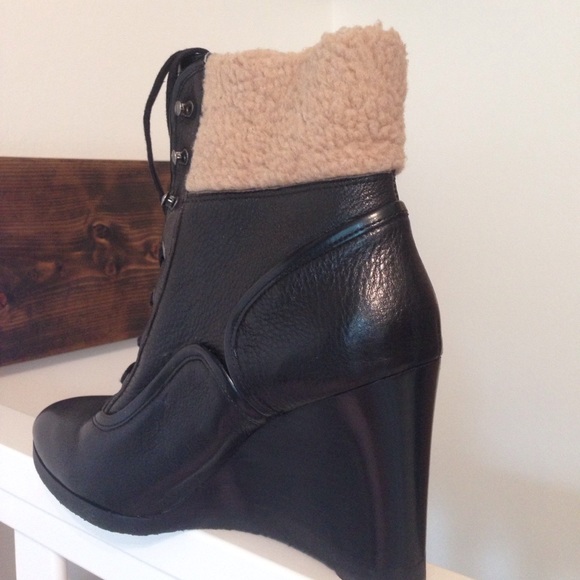 Franco Sarto Waverly Black Leather Wedge Boots - Picture 3 of 4