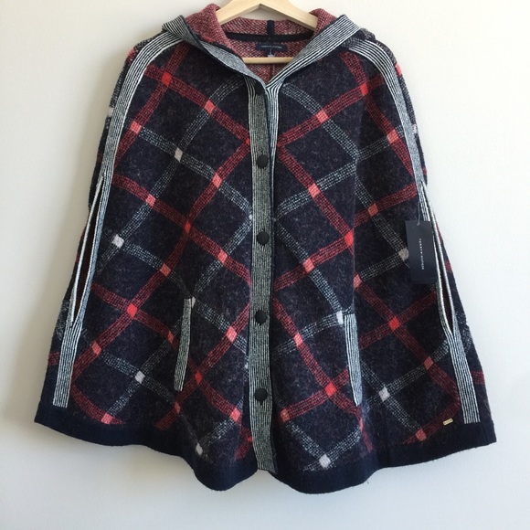 Tommy Hilfiger Sweaters - 💖HP💖Tommy Hilfiger Hooded Plaid-Print Poncho