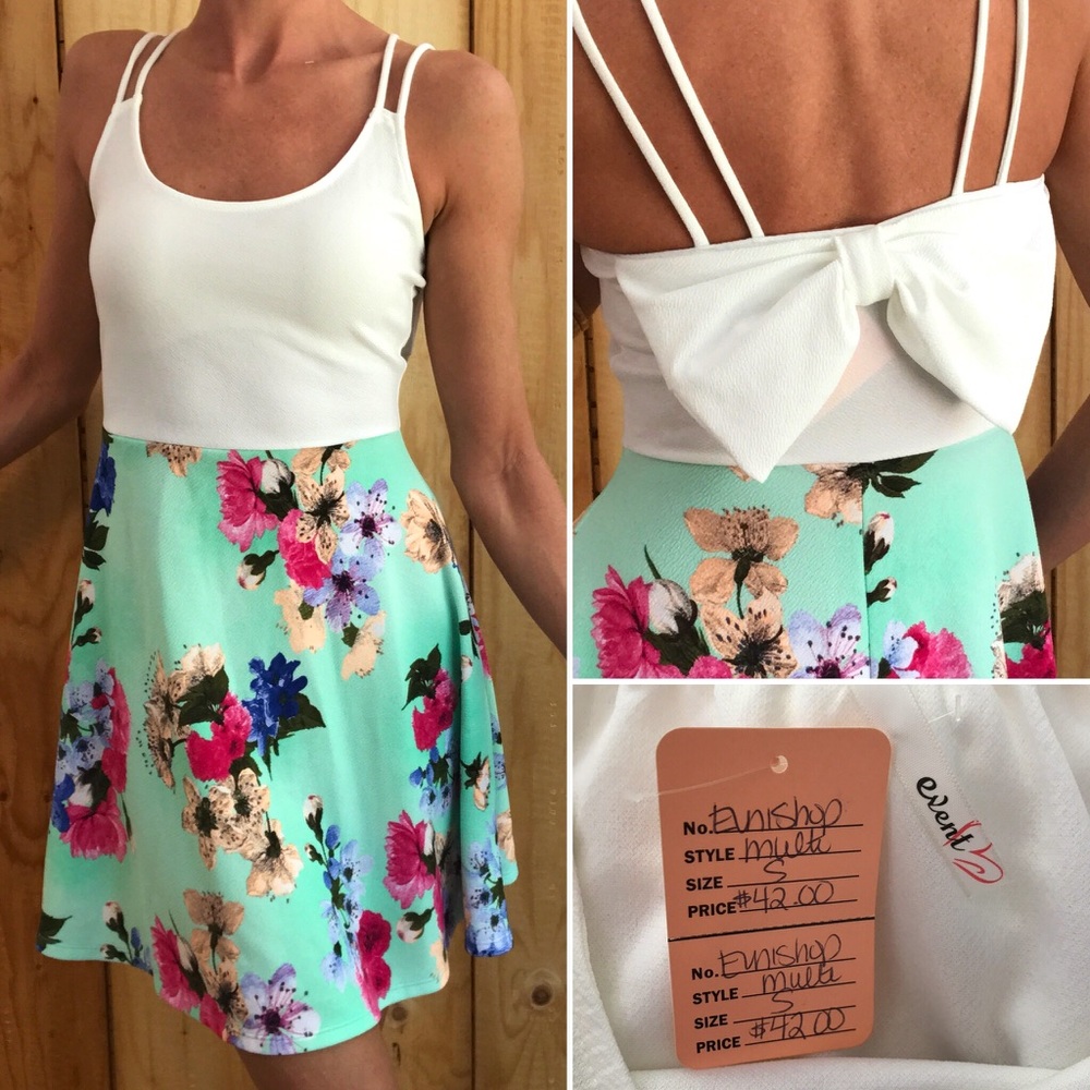 Fit & Flare Floral Print Dress White Mint Green S