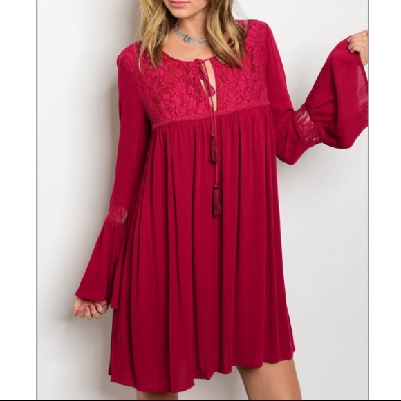 trendy boutique Dresses & Skirts - Bell sleeve, crochet detail Wine dress, New!