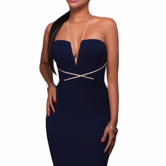 Contrast String Around Navy Party Dress - Picture 3 of 6