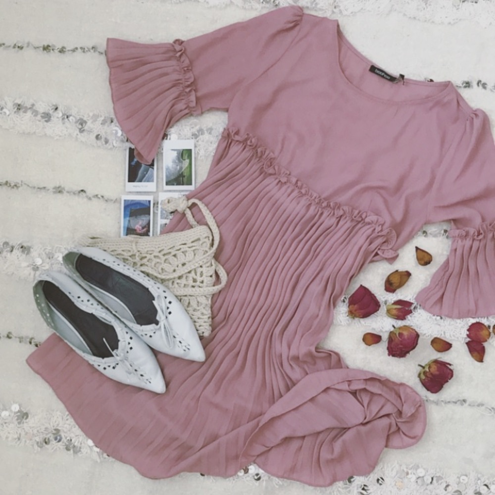• Boohoo • Pink Ruffle Pleated Mini Dress •
