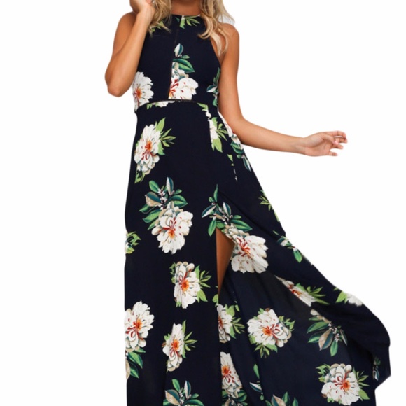 Black Floral Cutout Back Halter Split Maxi Dress - Picture 3 of 6