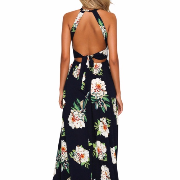 Black Floral Cutout Back Halter Split Maxi Dress - Picture 5 of 6