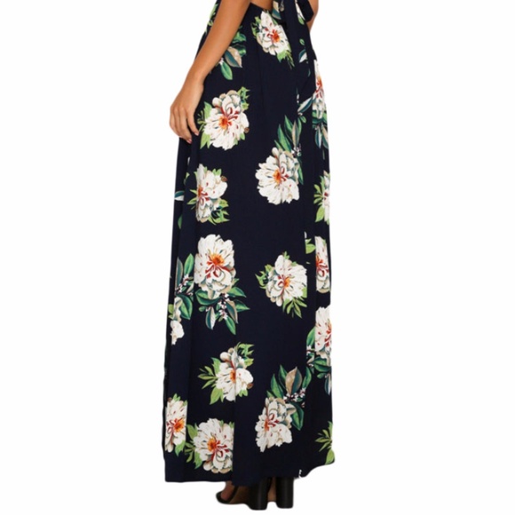 Black Floral Cutout Back Halter Split Maxi Dress - Picture 6 of 6