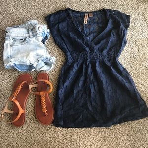 Navy flower print lace top