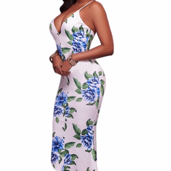 White Blue Green Floral Print High-low Dress - Picture 3 of 6