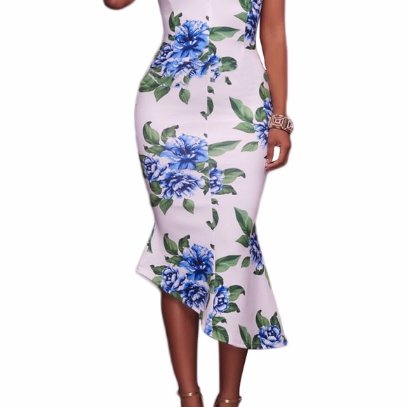 White Blue Green Floral Print High-low Dress - Picture 4 of 6