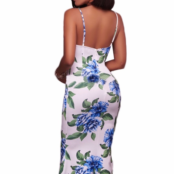 White Blue Green Floral Print High-low Dress - Picture 5 of 6