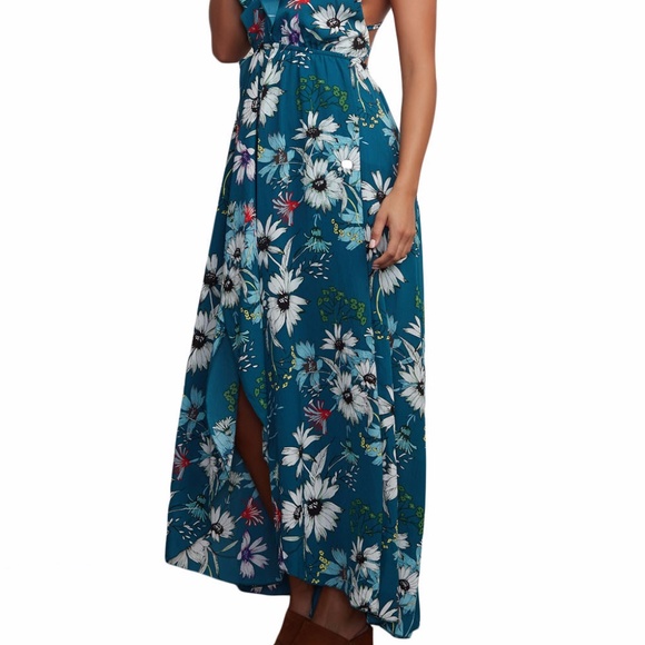 Slate Blue Floral Chiffon Spaghetti Straps Maxi Dr - Picture 4 of 6