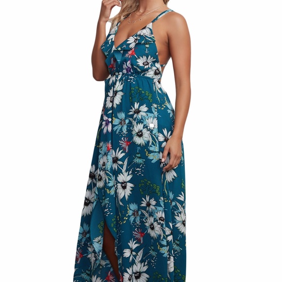 Slate Blue Floral Chiffon Spaghetti Straps Maxi Dr - Picture 3 of 6