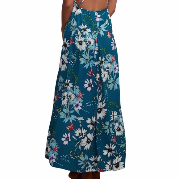 Slate Blue Floral Chiffon Spaghetti Straps Maxi Dr - Picture 6 of 6