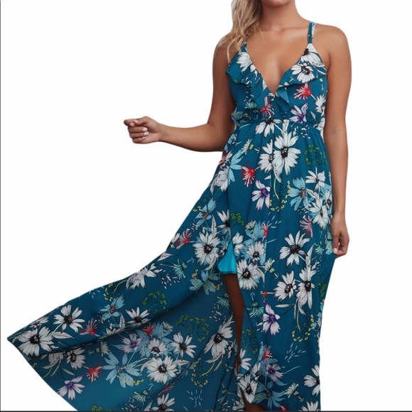 Slate Blue Floral Chiffon Spaghetti Straps Maxi Dr - Picture 5 of 6