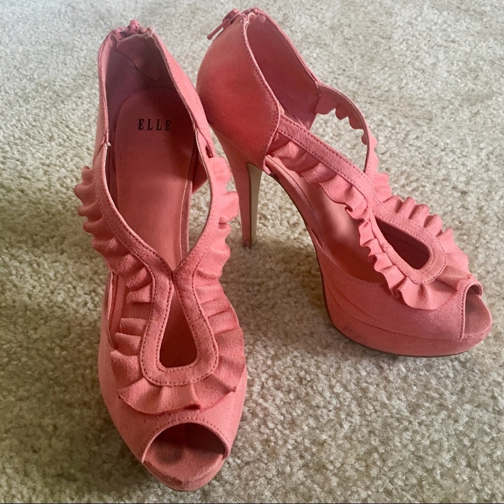Coral Ruffled Peep Toe Heels