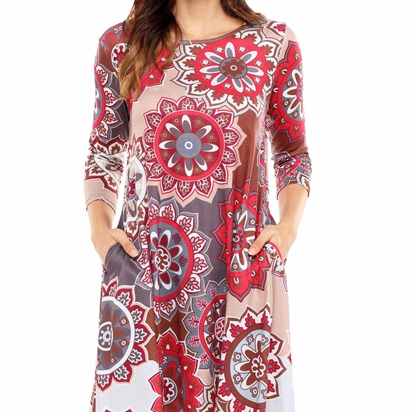 Bohemian Sunflower Print Grey Brown Dress - Picture 3 of 6