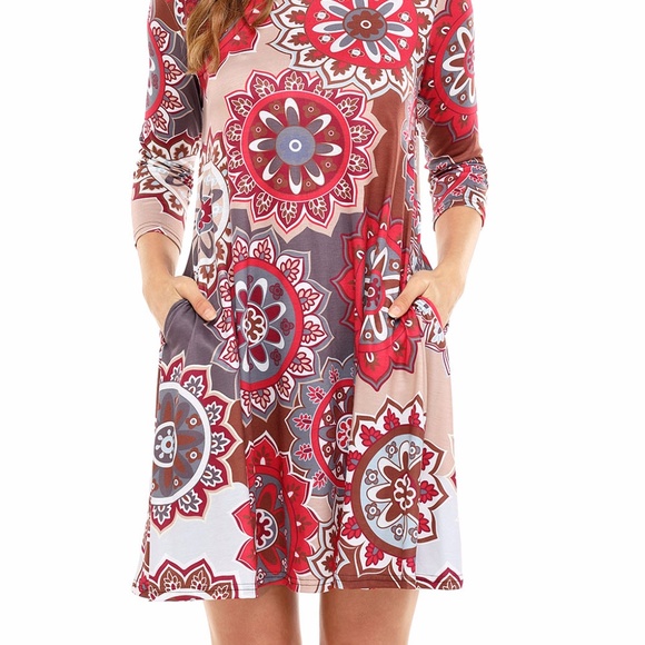 Bohemian Sunflower Print Grey Brown Dress - Picture 4 of 6