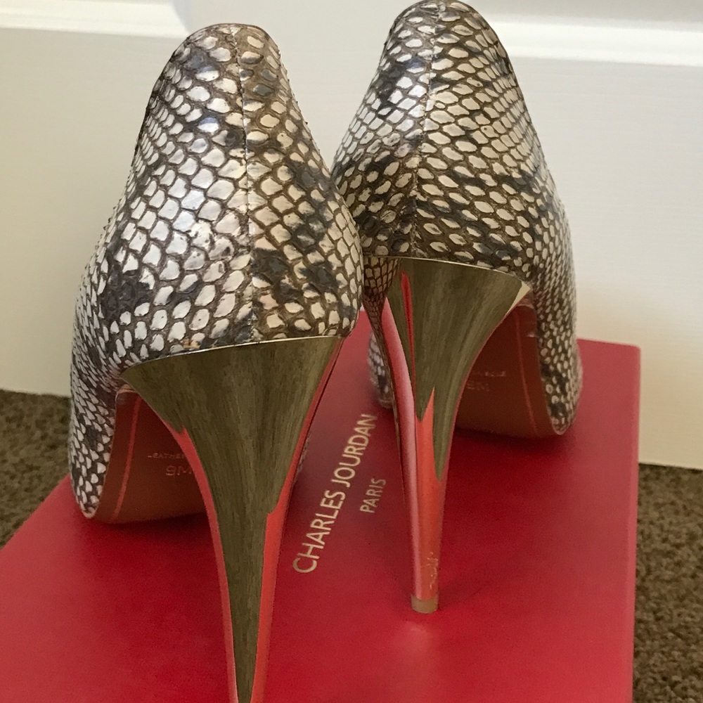 Charles Jordan Snakeskin Open Toe Pumps
