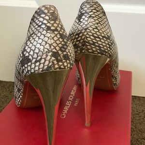 Charles Jordan Snakeskin Open Toe Pumps