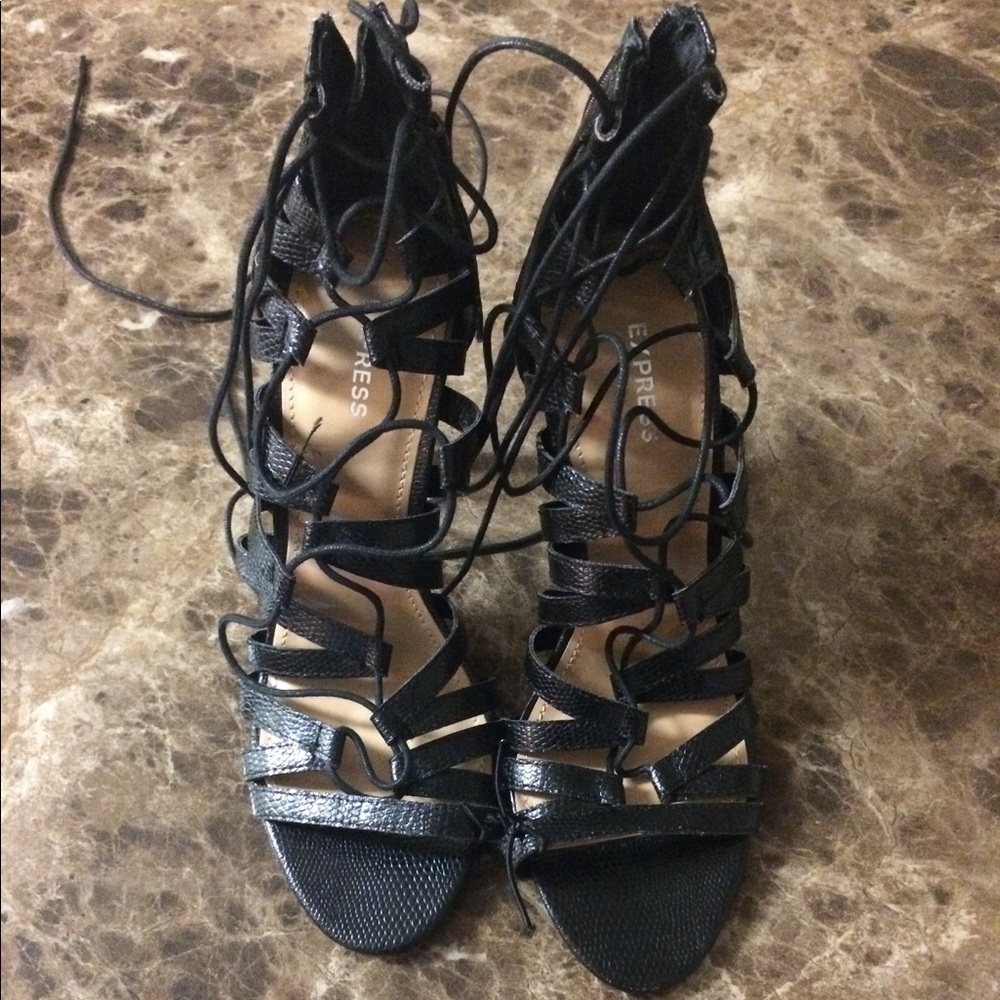 Black Express Crocodile Print Tie Up Heels