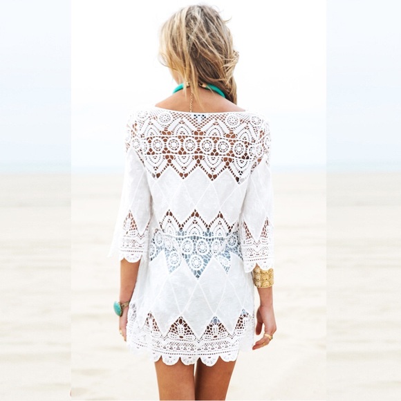 Crochet Lace Half Sleeve Beach Swim Coverup Dress - Picture 3 of 4
