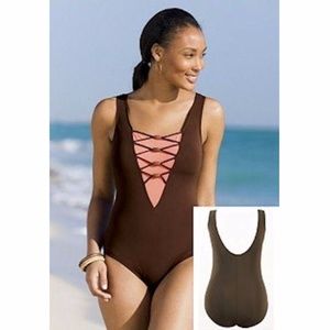 NWT Sexy Plus Size Inches Off Brown Corset Swimsuit 24W
