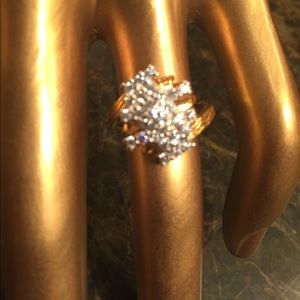 Diamond Cluster 14K Yellow Gold over 925 S Ring
