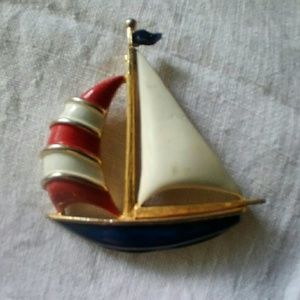 Sailboat Enamel Red White Blue Brooch