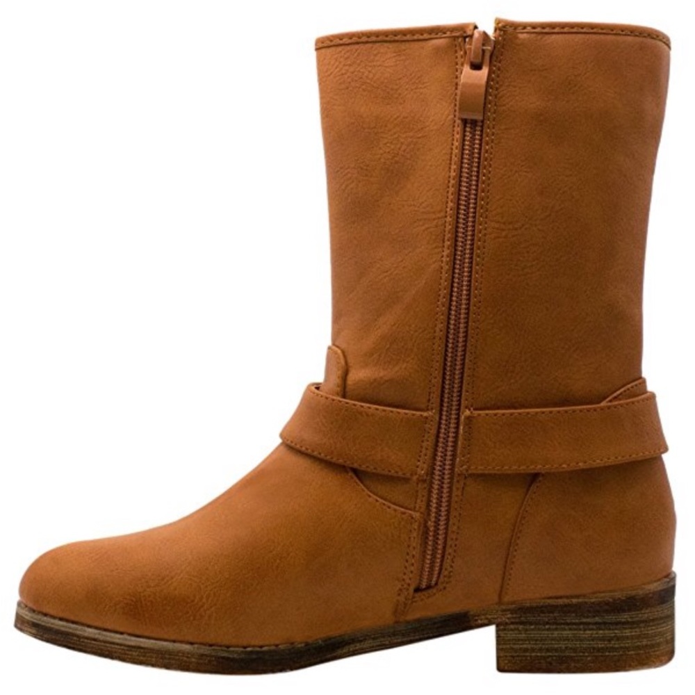 Cognac Distressed Lug Sole Mid Shaft Buckle Boots - Picture 6 of 8