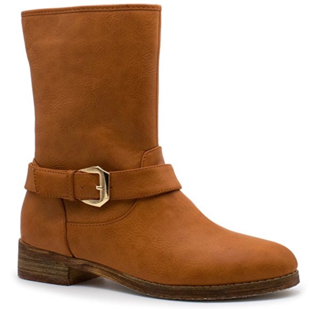 Cognac Distressed Lug Sole Mid Shaft Buckle Boots - Picture 8 of 8