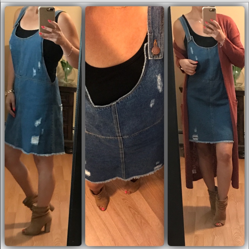 New🍁Distressed denim overall dress - Picture 2 of 8