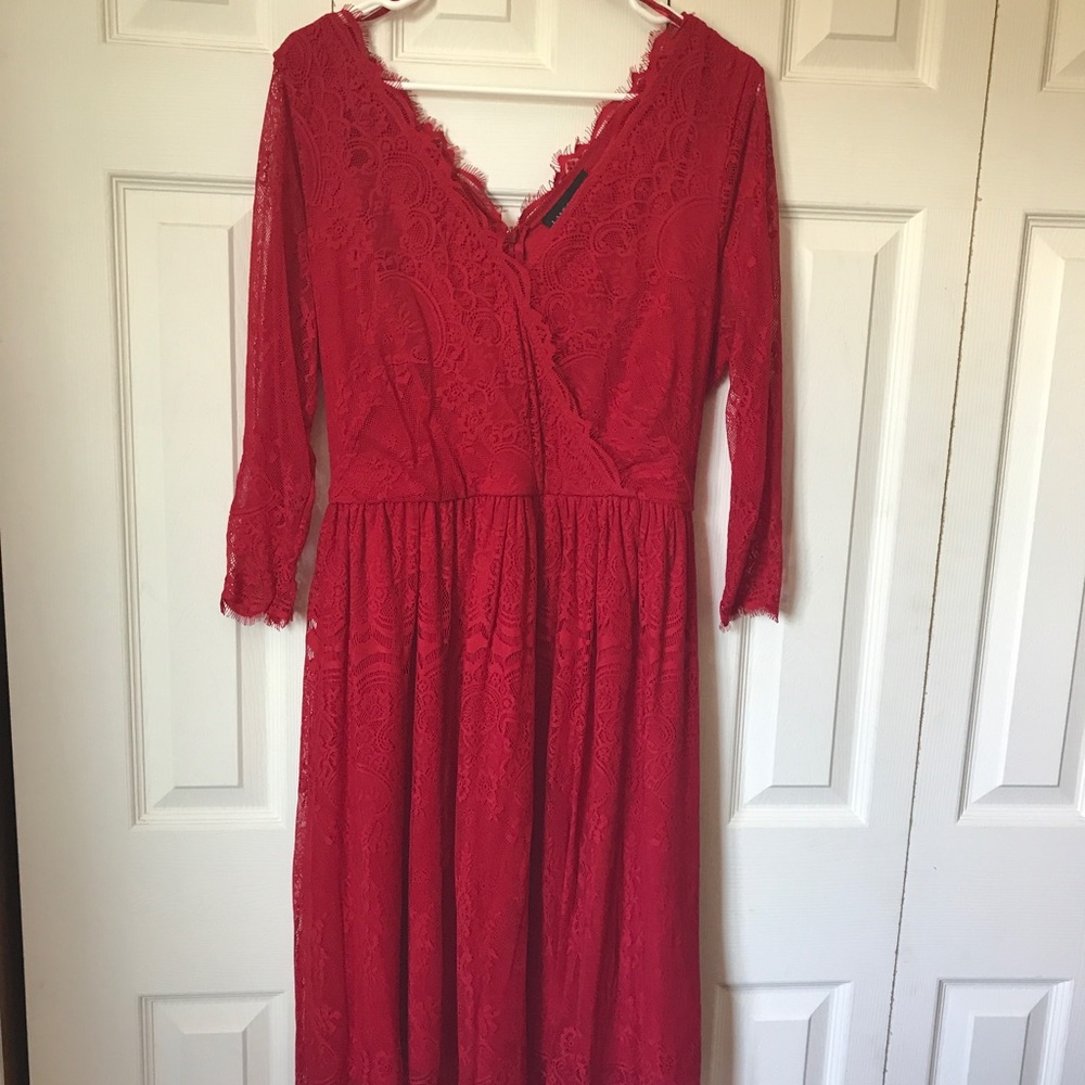 Red lace faux wrap dress