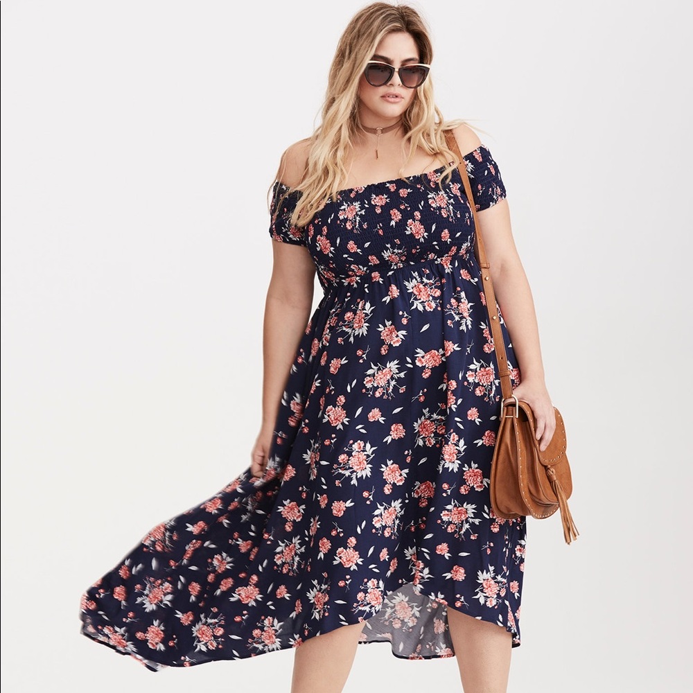 Floral Off the Shoulder Smocked Hi-Lo Maxi Dress