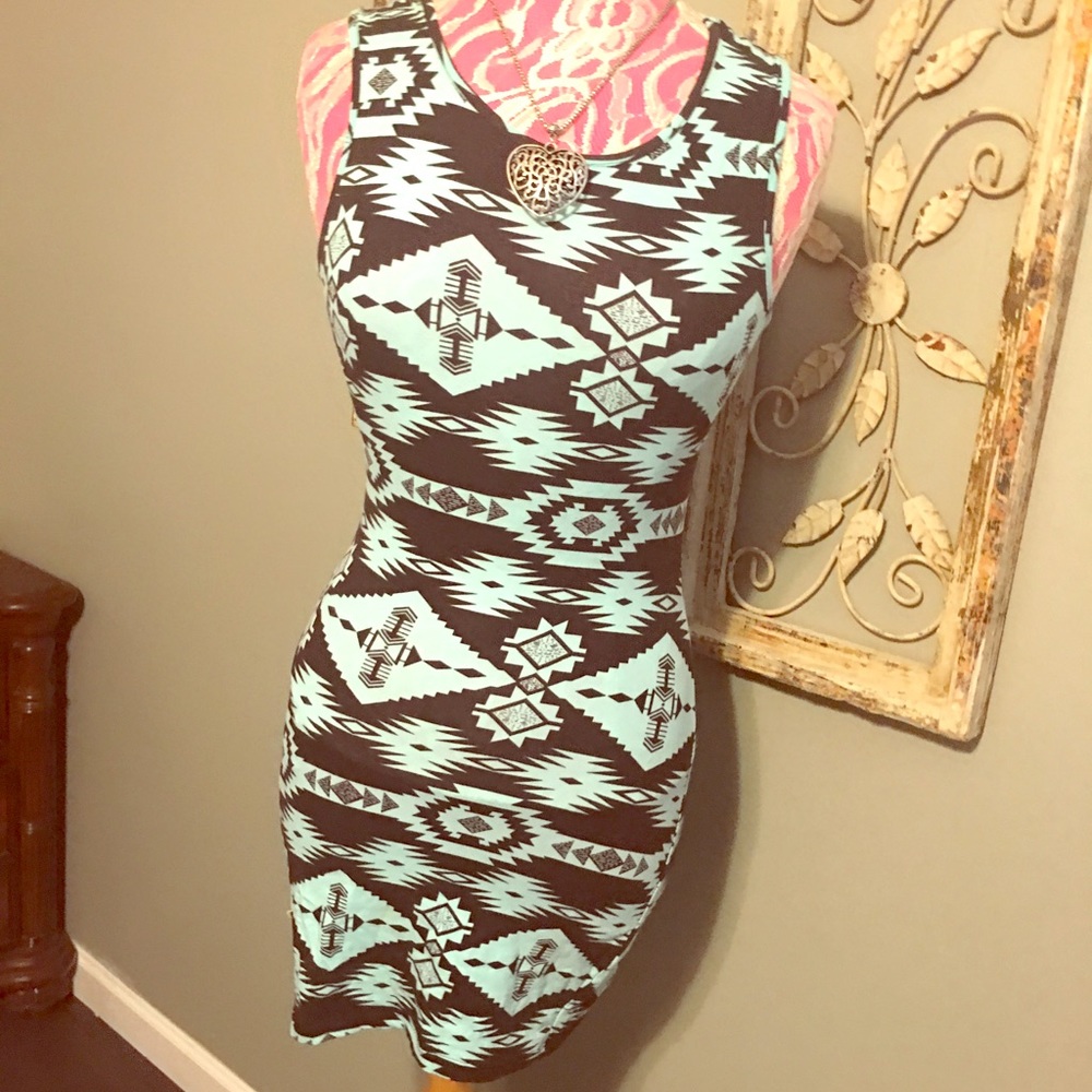 Aztec turquoise and black print mini dress Sz M