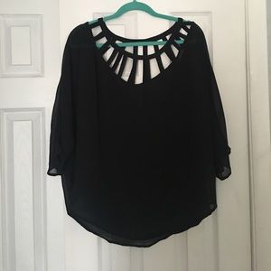 Black chiffon blouse with lattice neckline
