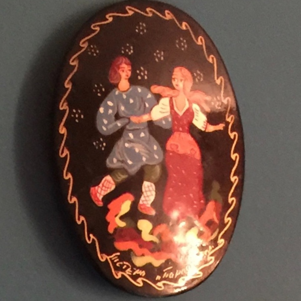 Vintage Painted Wooden Russian Brooch