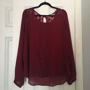 Merlot chiffon blouse with lace detail