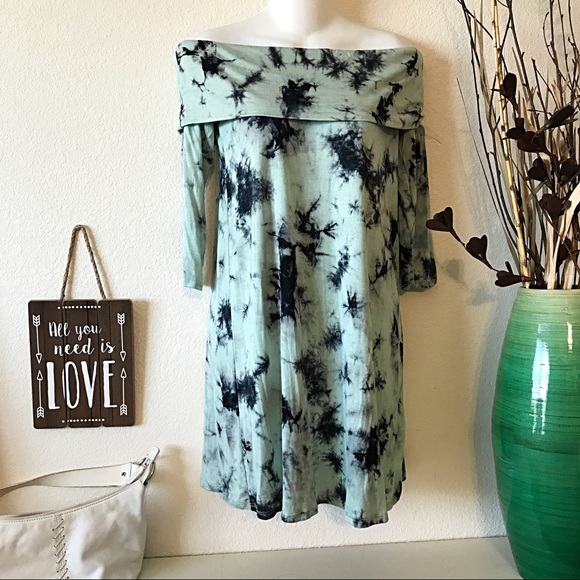 Off Shoulder Mint Blue Tie Dye Hippie Boho Dress - Picture 6 of 8
