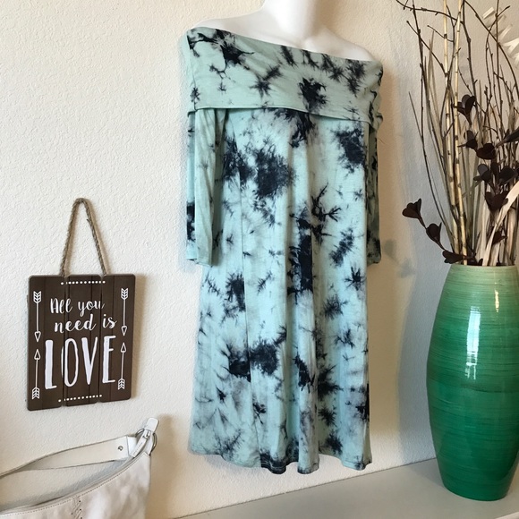 Off Shoulder Mint Blue Tie Dye Hippie Boho Dress - Picture 2 of 8