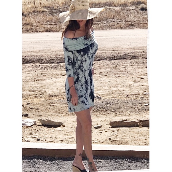 Off Shoulder Mint Blue Tie Dye Hippie Boho Dress - Picture 3 of 8