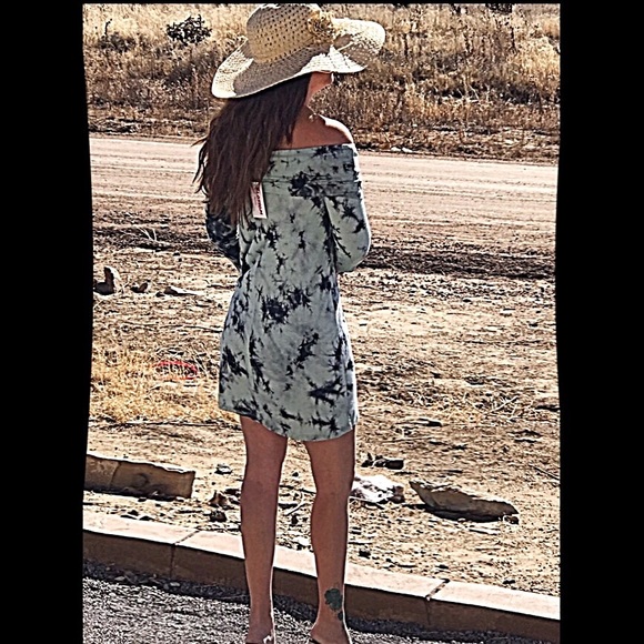 Off Shoulder Mint Blue Tie Dye Hippie Boho Dress - Picture 5 of 8