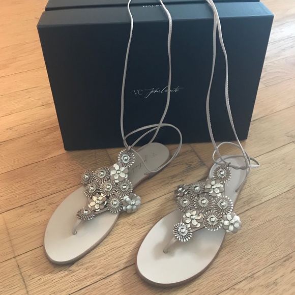 VC John Camuto Lace Up Golden Nude Floral Sandals - Picture 1 of 5